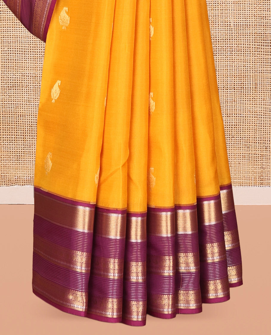 Yellow Vasundhara Lite Silk Mix Saree, Sparsely Woven with Zari Buttas, a Contrast Border of Mayil, Neli Kathir, Mayil Kann, and Rudraksham Designs, Grand Pallu, and a Contrast Blouse