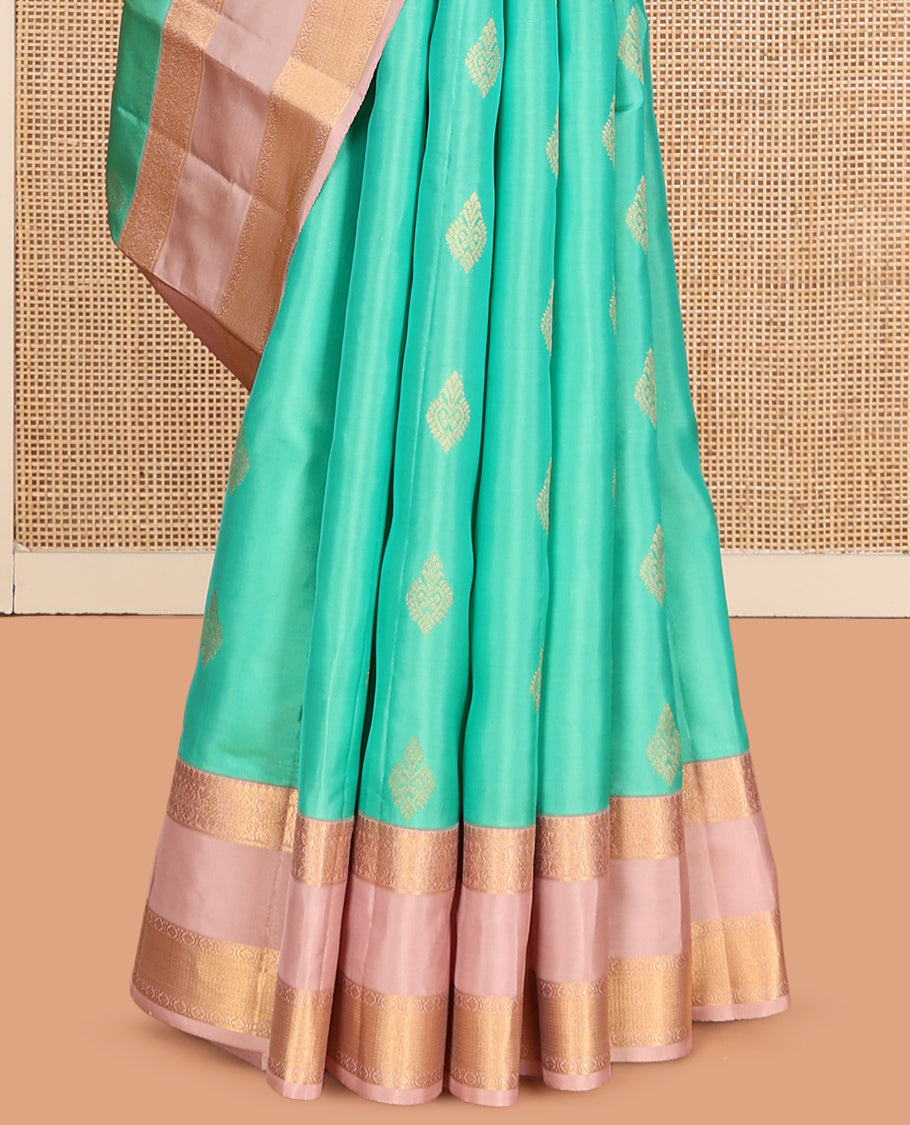 Turquoise Vasundhara Lite Silk Mix Saree, Woven with Zari Buttas, a Contrast Rettai Pettu Traditional Zari Border, Intricate Pallu, and a Contrast Blouse