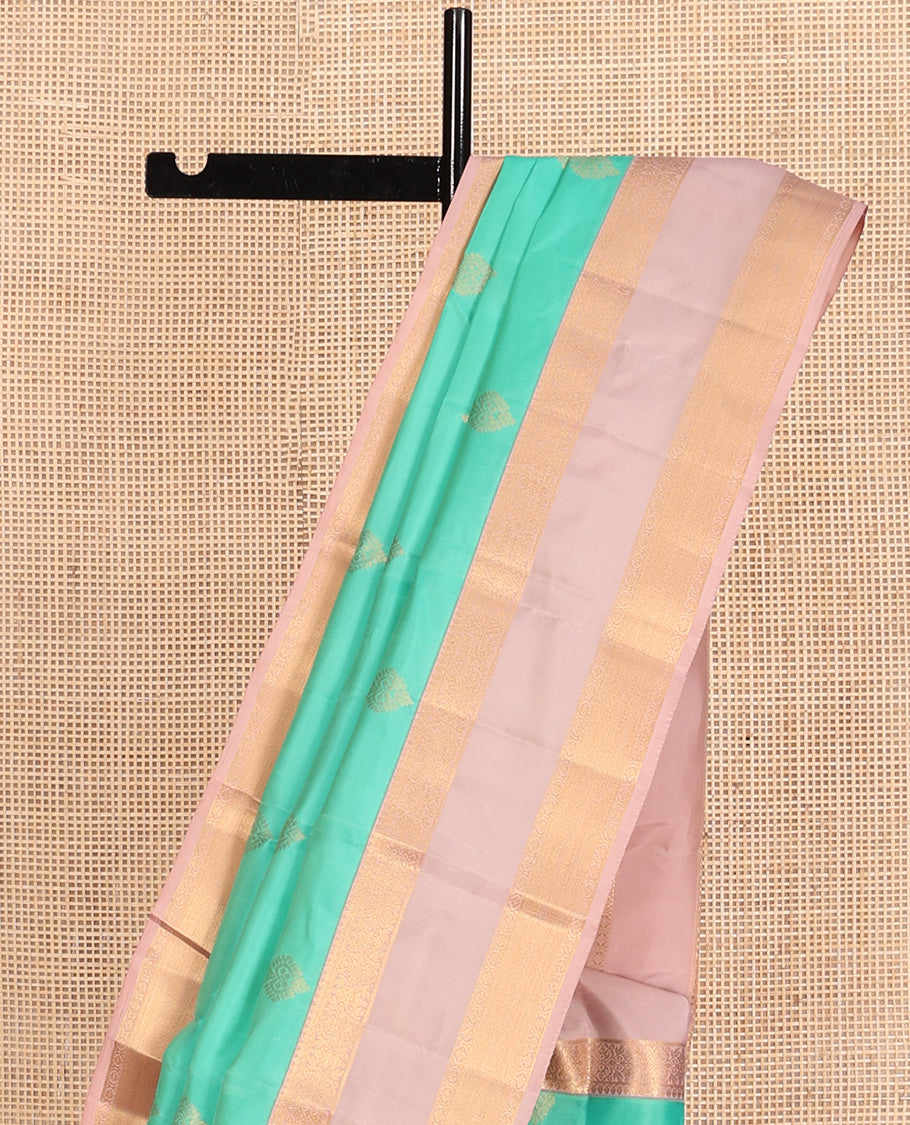 Turquoise Vasundhara Lite Silk Mix Saree, Woven with Zari Buttas, a Contrast Rettai Pettu Traditional Zari Border, Intricate Pallu, and a Contrast Blouse