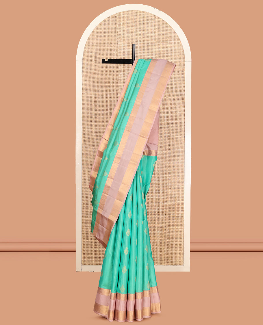 Turquoise Vasundhara Lite Silk Mix Saree, Woven with Zari Buttas, a Contrast Rettai Pettu Traditional Zari Border, Intricate Pallu, and a Contrast Blouse