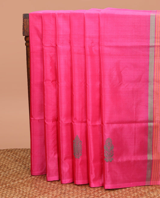 Borderless Pink Banana Pith Saree, Showcasing Buttas All Over Its Body, Complemented by a Contrast Pallu of Unique Buttas, and Paired with a Contrast Blouse
