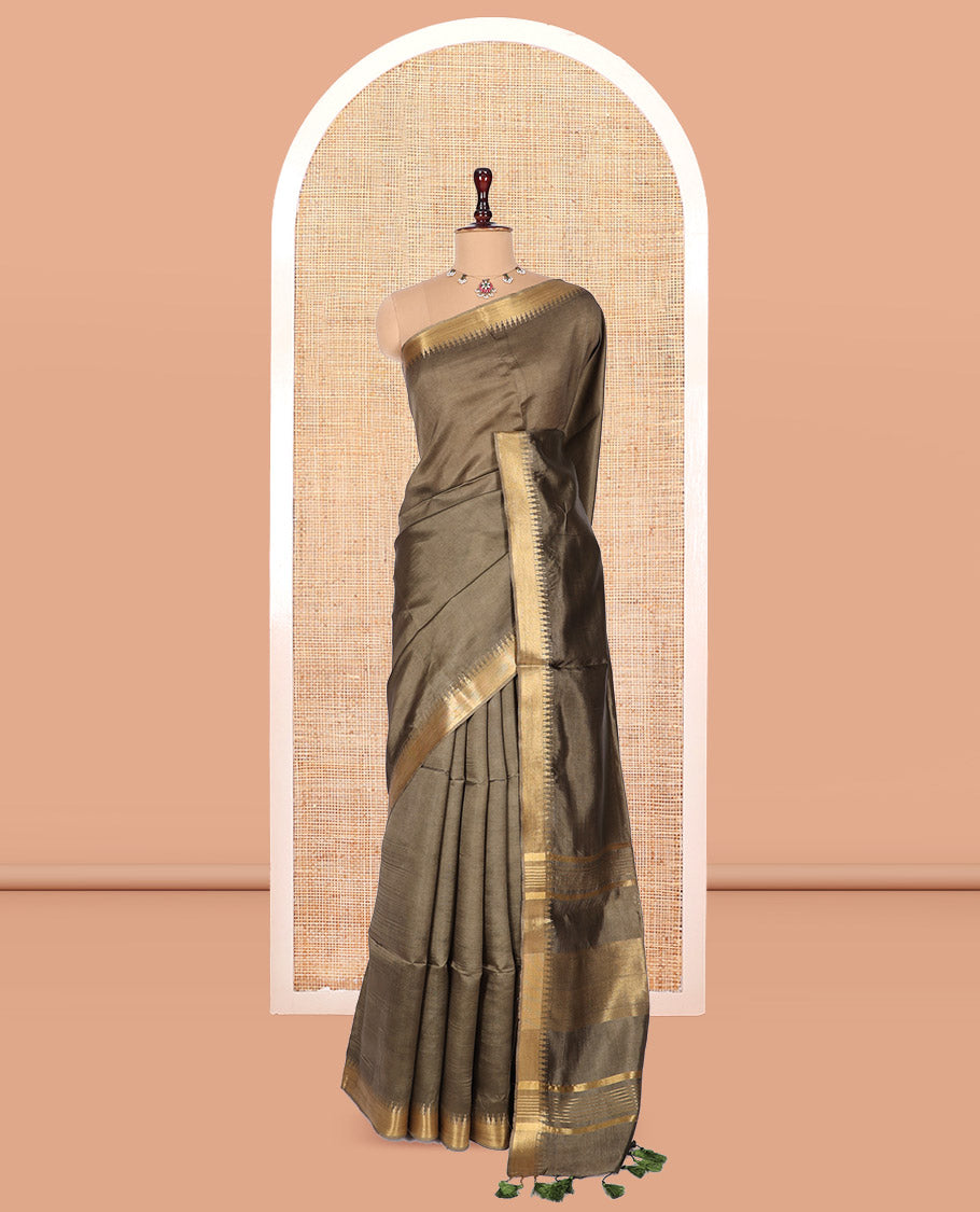 Brown Banana Pith Saree, Ornamented with Zari Buttas, a Zari Temple Border, Striped Pallu, and Matching Blouse
