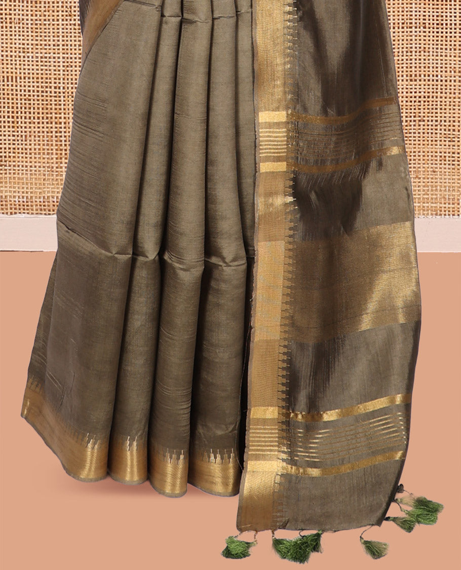 Brown Banana Pith Saree, Ornamented with Zari Buttas, a Zari Temple Border, Striped Pallu, and Matching Blouse