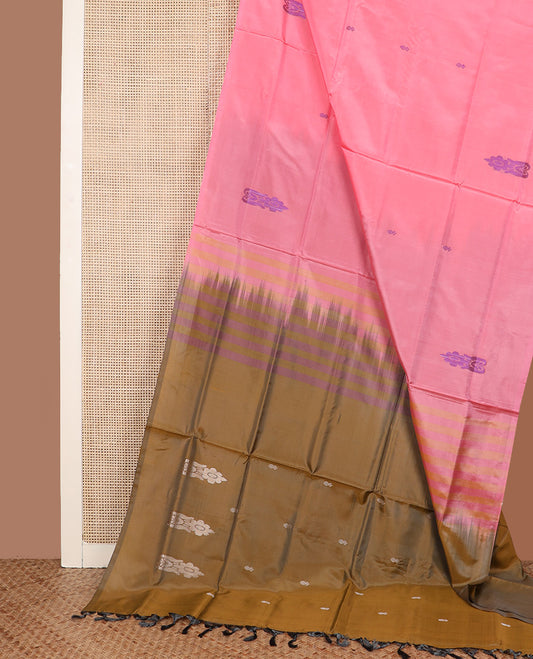 Borderless pink buttas Banana pith saree, contrast pallu of floral buttas