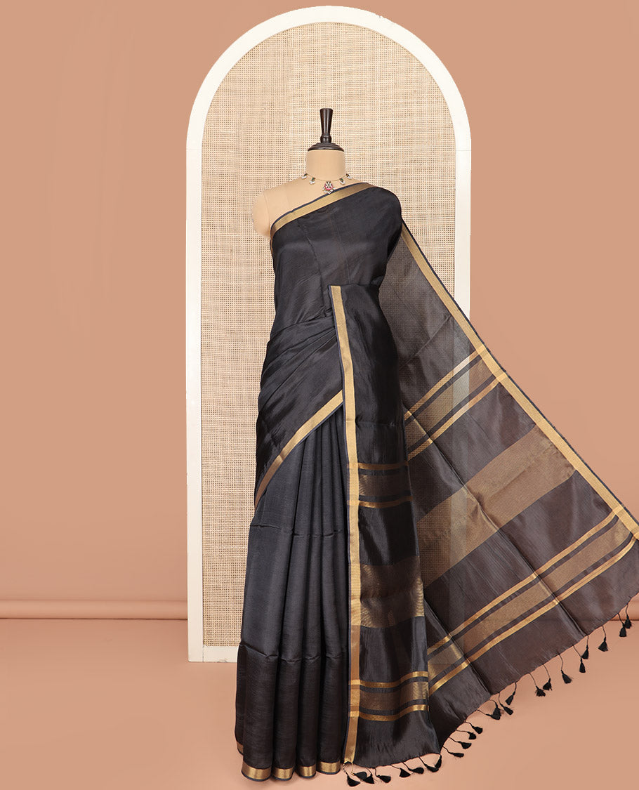 Black Plain Banana Pith Saree Subtly Sparkled with Zari Bavanji Border, Gleaming Zari Stripes Woven Pallu, and Paired with a Matching Plain Blouse