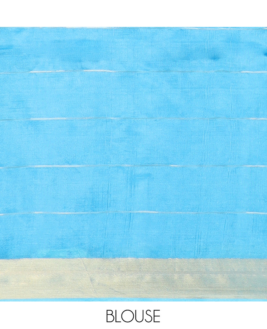 Blue Banana Pith Saree Detailed with Polka Dot Buttas Enclosed Checks, Subtle Zari Border, Gleaming Zari Stripes Woven Pallu, and Paired with a Matching Plain Blouse