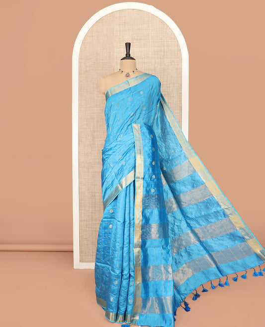 Blue Banana Pith Saree Detailed with Polka Dot Buttas Enclosed Checks, Subtle Zari Border, Gleaming Zari Stripes Woven Pallu, and Paired with a Matching Plain Blouse