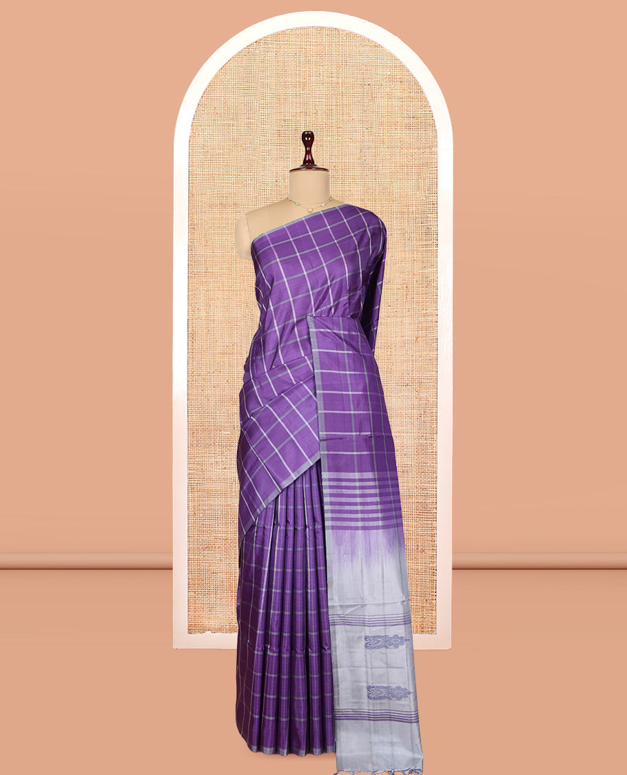 Borderless Violet Checked Banana Pith Saree, a Contrast Pallu of Stripes and Buttas, and a Contrast Blouse