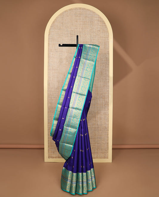 Blue manga butta silk saree with contrast korvai zari design border & intricate zari design pallu