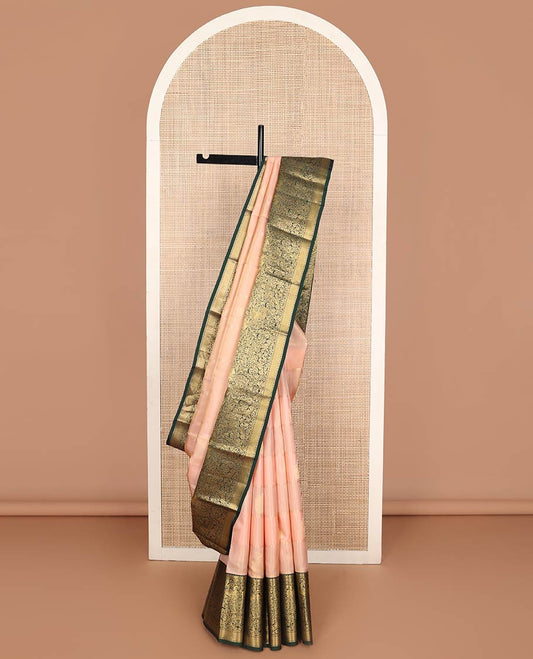 Baby pink striped, floral buttas silk saree with contrast floral design border & checked pallu