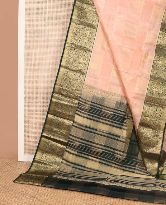 Baby pink striped, floral buttas silk saree with contrast floral design border & checked pallu