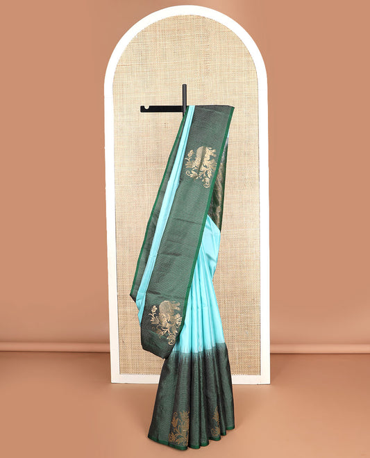 Light blue mayuri soft silk saree with contrast checked, elephant design border & intricate zari design pallu
