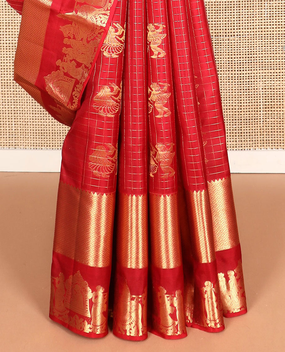 Red checked, human buttas silk saree with self border of wedding design & floral design pallu