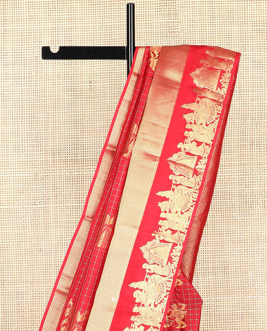 Red checked, human buttas silk saree with self border of wedding design & floral design pallu