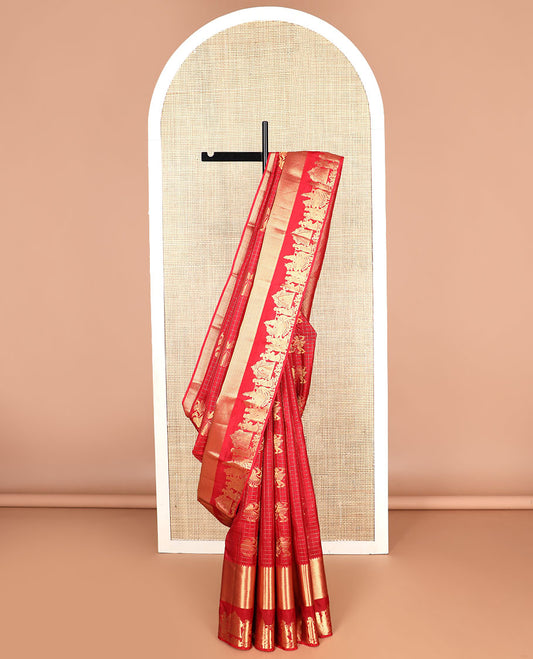 Red checked, human buttas silk saree with self border of wedding design & floral design pallu