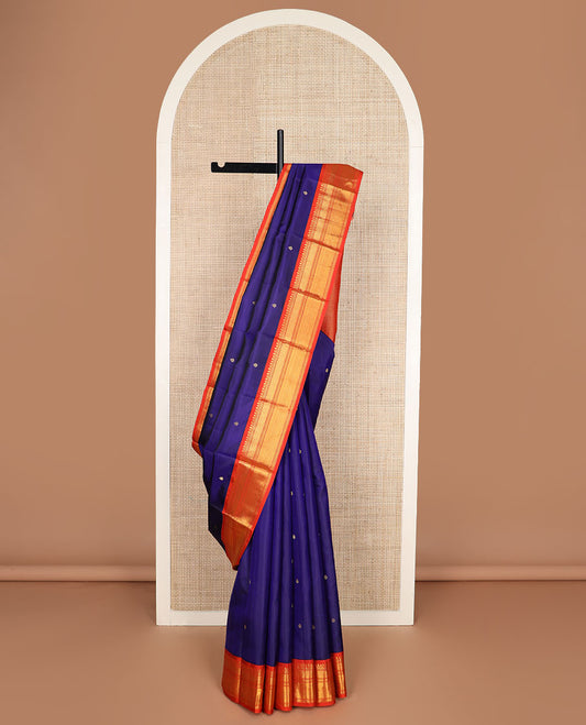 Blue zari buttas silk saree, contrast border of manga,neli,muthu,banaras,paiyaadi kann & zari stripes & intricate pallu