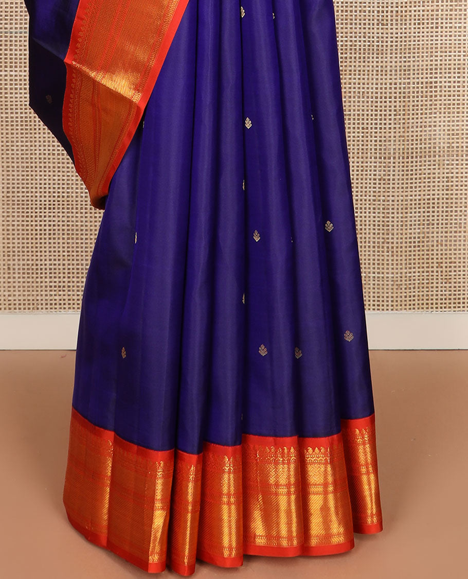 Blue zari buttas silk saree, contrast border of manga,neli,muthu,banaras,paiyaadi kann & zari stripes & intricate pallu