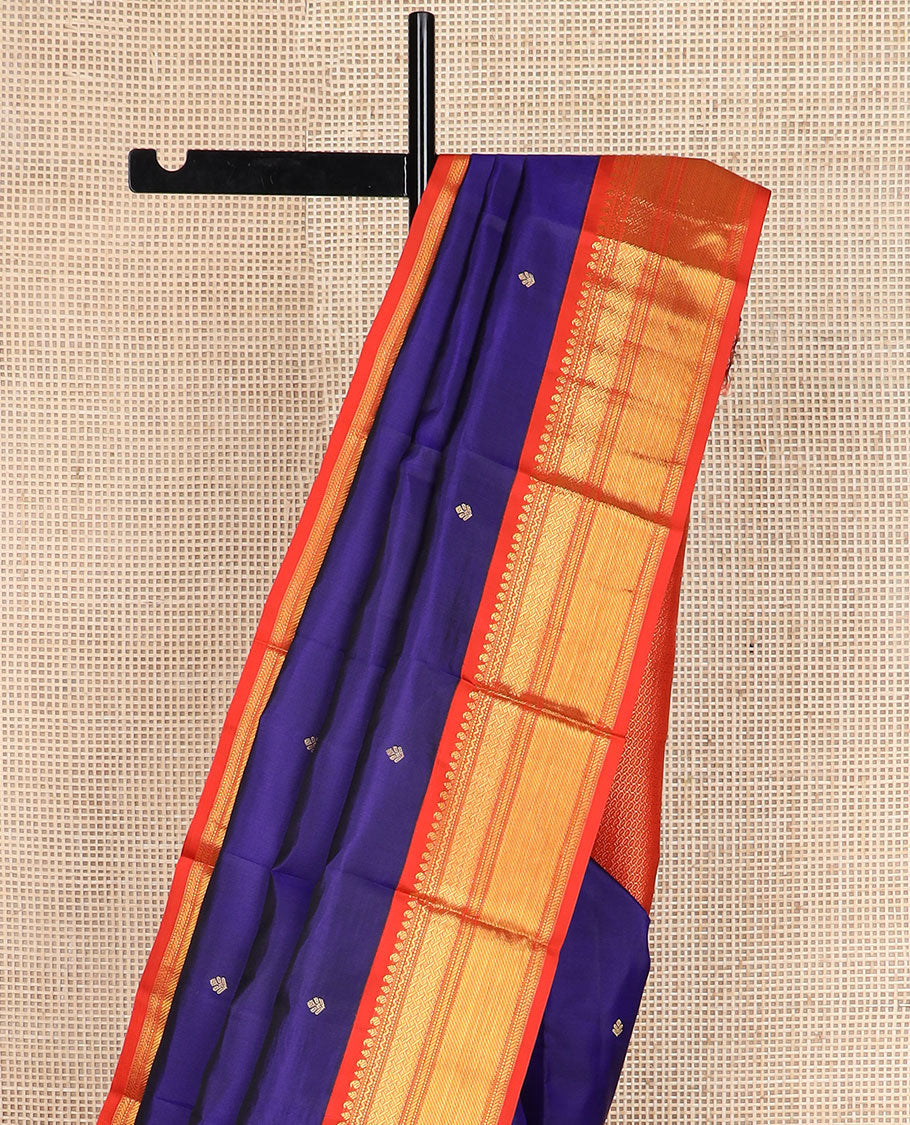 Blue zari buttas silk saree, contrast border of manga,neli,muthu,banaras,paiyaadi kann & zari stripes & intricate pallu