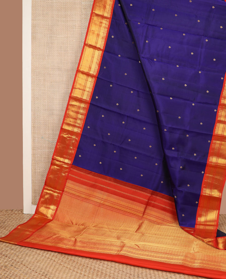 Blue zari buttas silk saree, contrast border of manga,neli,muthu,banaras,paiyaadi kann & zari stripes & intricate pallu