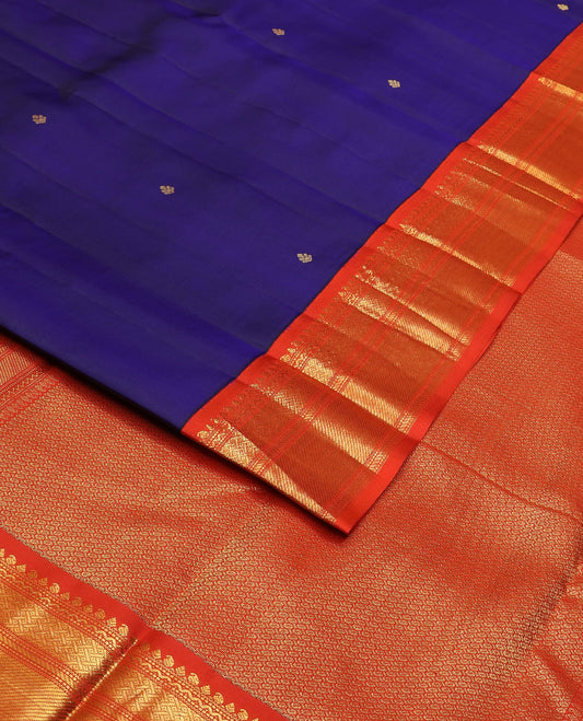 Blue zari buttas silk saree, contrast border of manga,neli,muthu,banaras,paiyaadi kann & zari stripes & intricate pallu