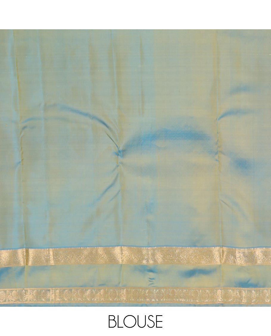 Green zari buttas silksaree, contrast rettai pettu border of rekku,kodi visiry & annam chakram & zari-rich jaal pallu