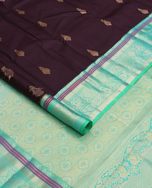 Brown zari buttas silksaree, contrast floral pallu & zari border of salngai,muthu,vanki & round mayil designs