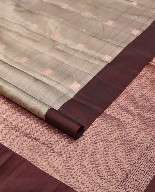 Grey zari buttas silk saree, contrast plain border & pallu of paiyaadi kann designs