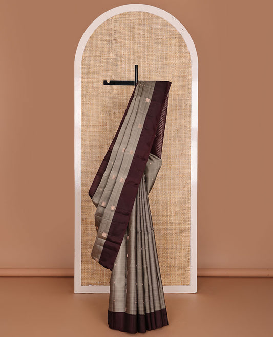 Grey zari buttas silk saree, contrast plain border & pallu of paiyaadi kann designs