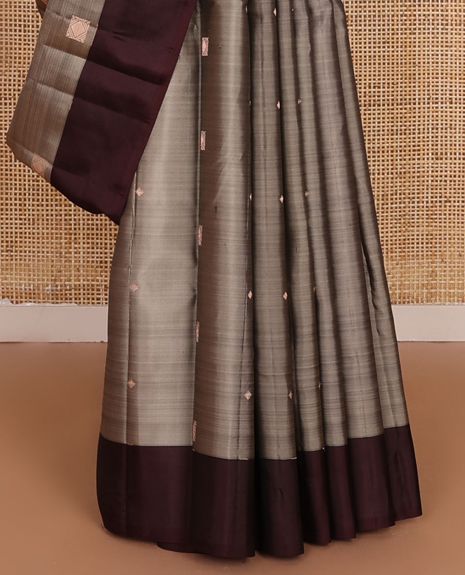 Grey zari buttas silk saree, contrast plain border & pallu of paiyaadi kann designs
