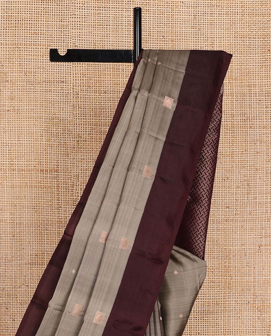 Grey zari buttas silk saree, contrast plain border & pallu of paiyaadi kann designs