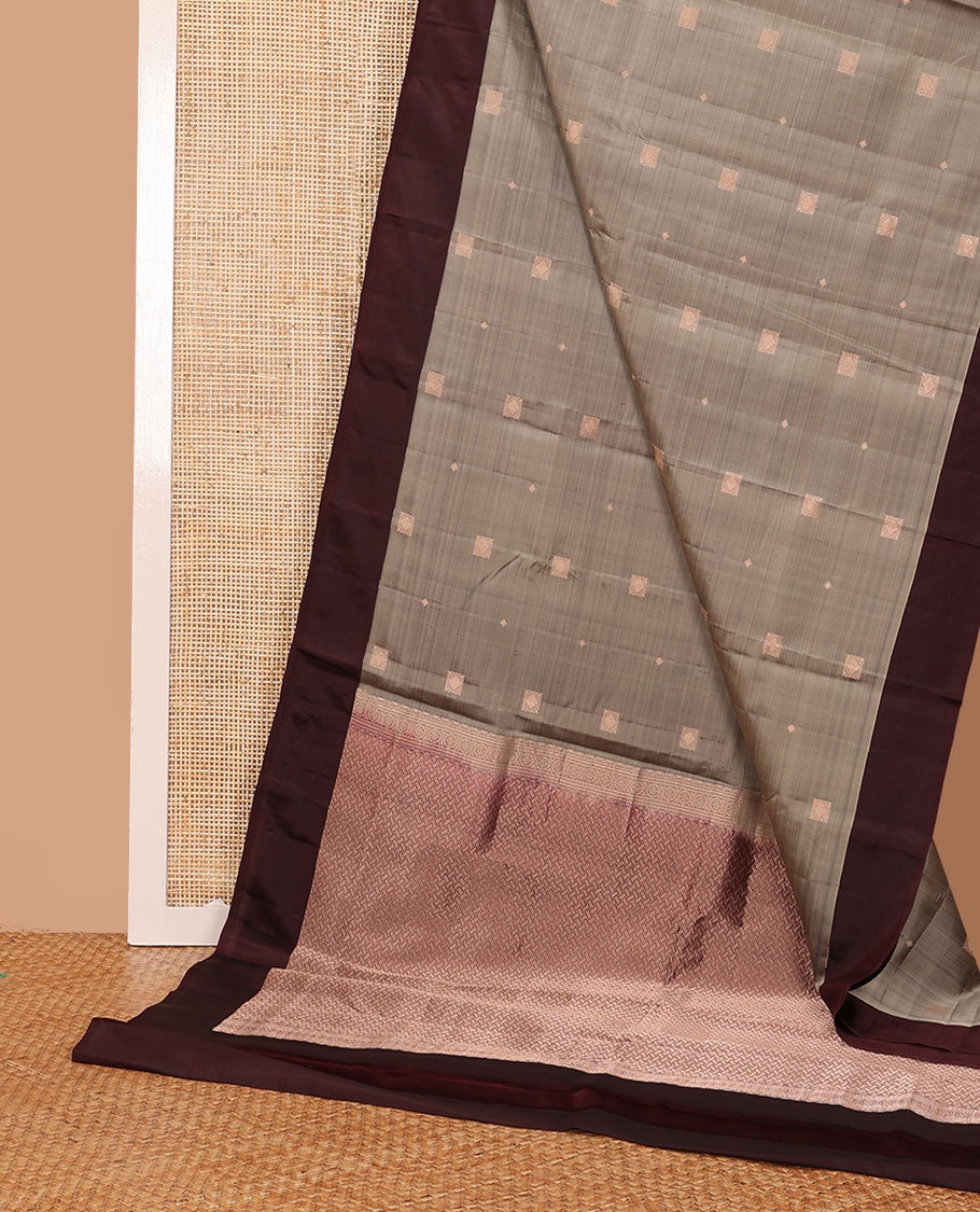 Grey zari buttas silk saree, contrast plain border & pallu of paiyaadi kann designs
