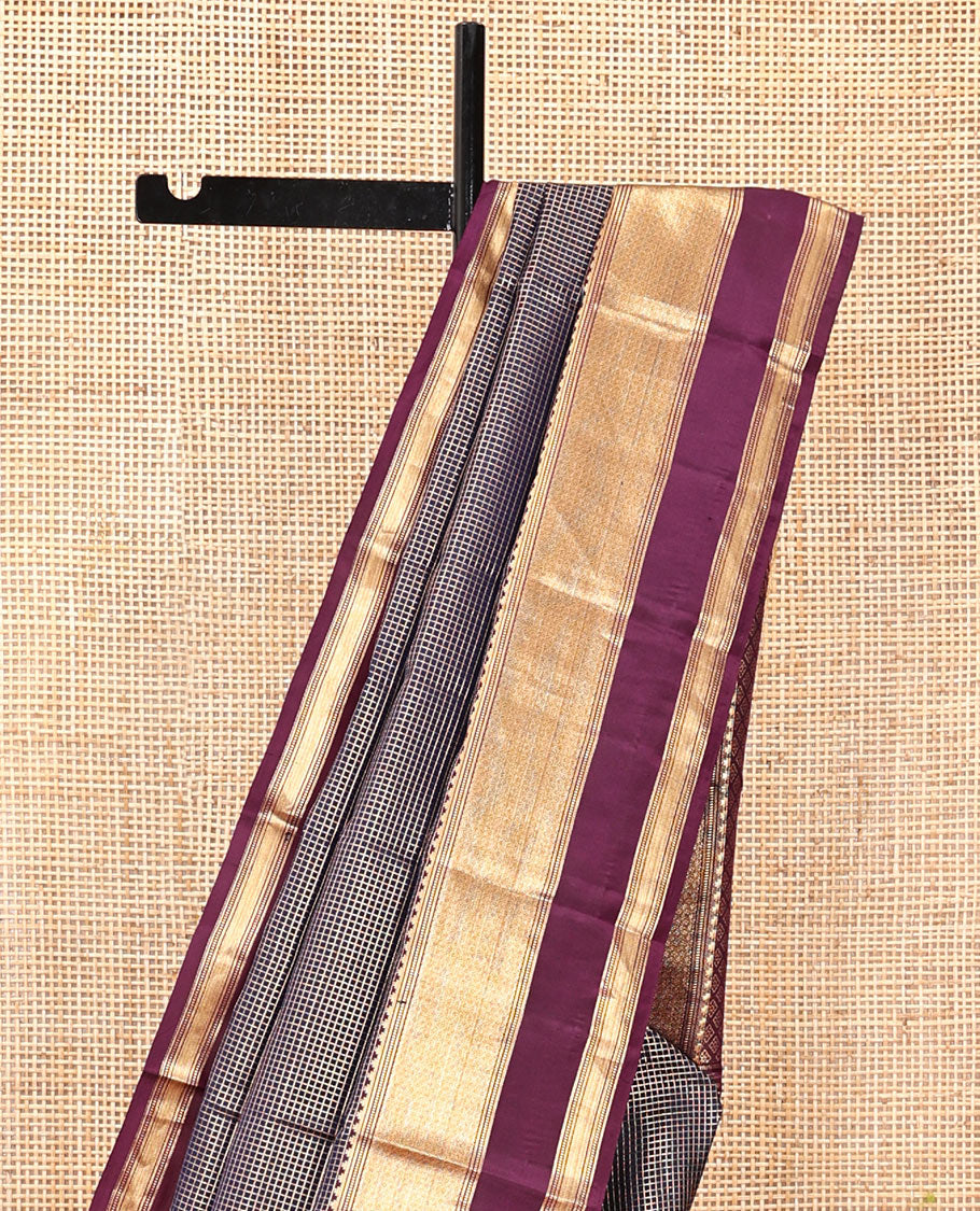 Blue Vasundhara Silk Saree, Highlighted by Zari Checks, Contrast Rettai Pettu Thazampoo Rekku Border, Grand Jaal Pallu, and a Contrast Blouse