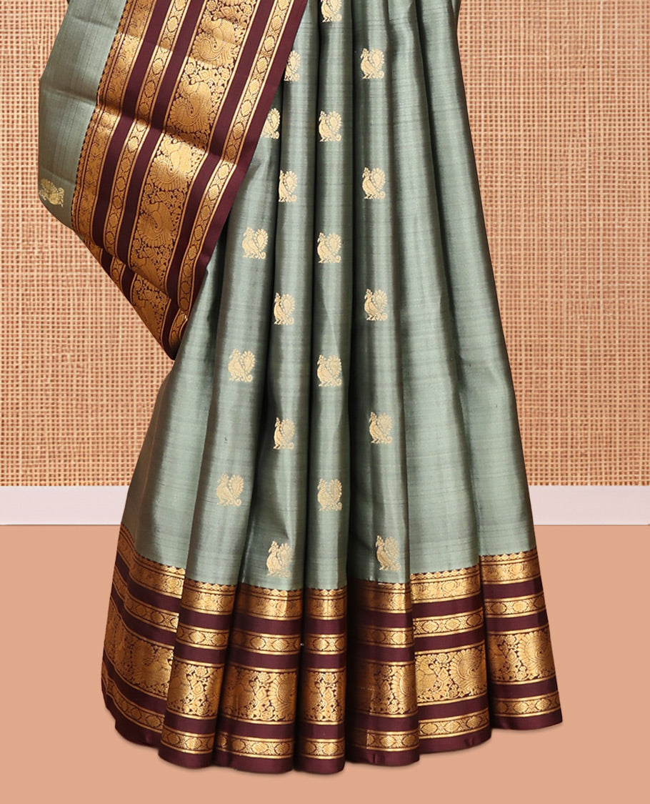 Grey Vasundhara Silk Saree, Woven with Mayil Buttas, Contrast Border of Mayil, and Kamalam Designs, Grand Pallu, and Contrast Blouse