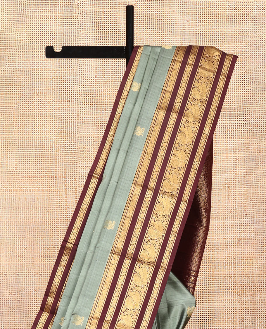 Grey Vasundhara Silk Saree, Woven with Mayil Buttas, Contrast Border of Mayil, and Kamalam Designs, Grand Pallu, and Contrast Blouse