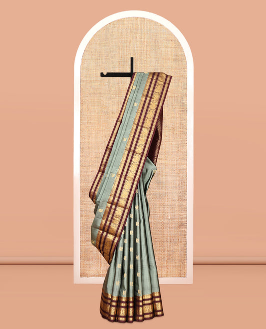 Grey Vasundhara Silk Saree, Woven with Mayil Buttas, Contrast Border of Mayil, and Kamalam Designs, Grand Pallu, and Contrast Blouse