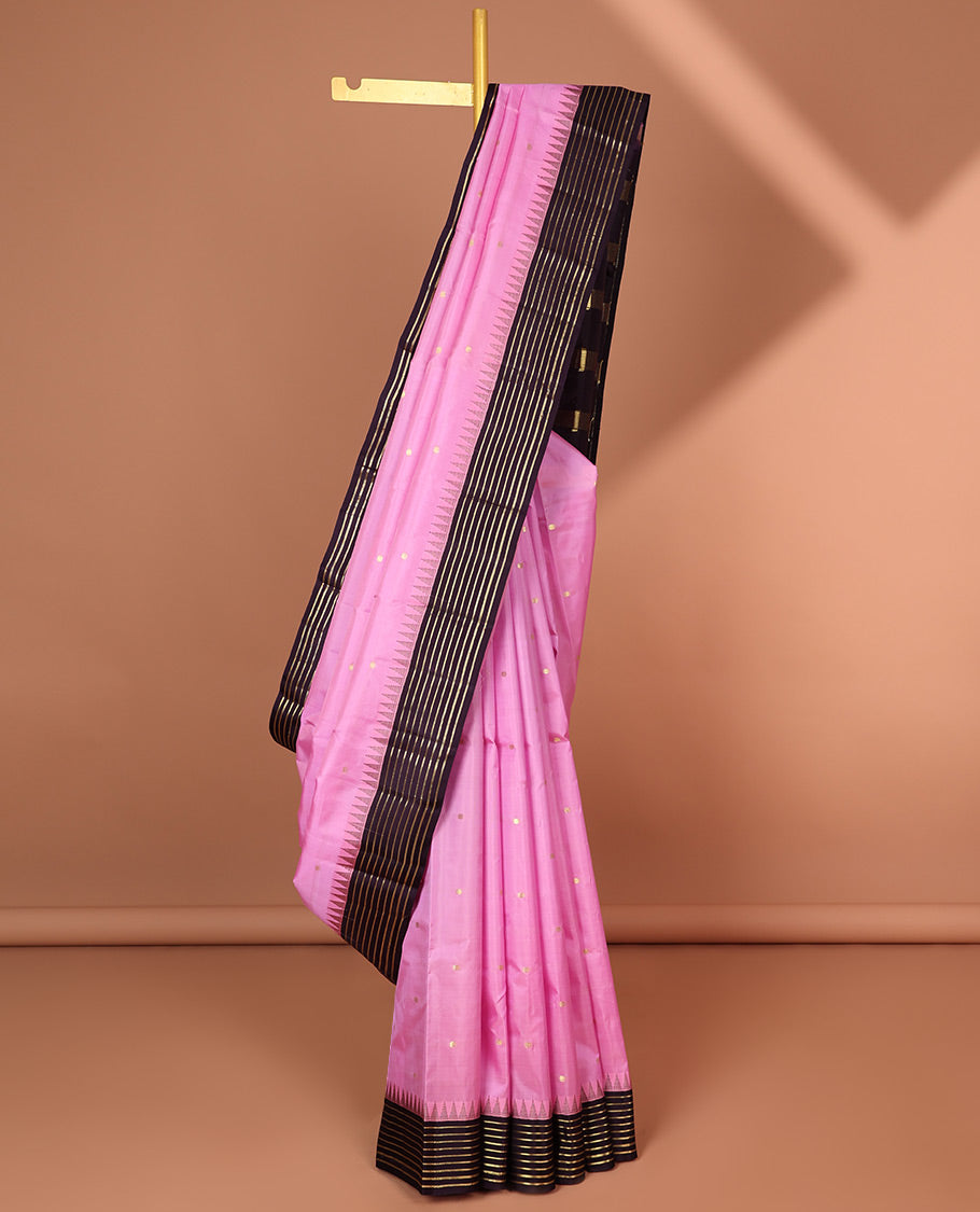 pink striped with buttas silk saree, striped zari design pallu & border of rekku, striped design