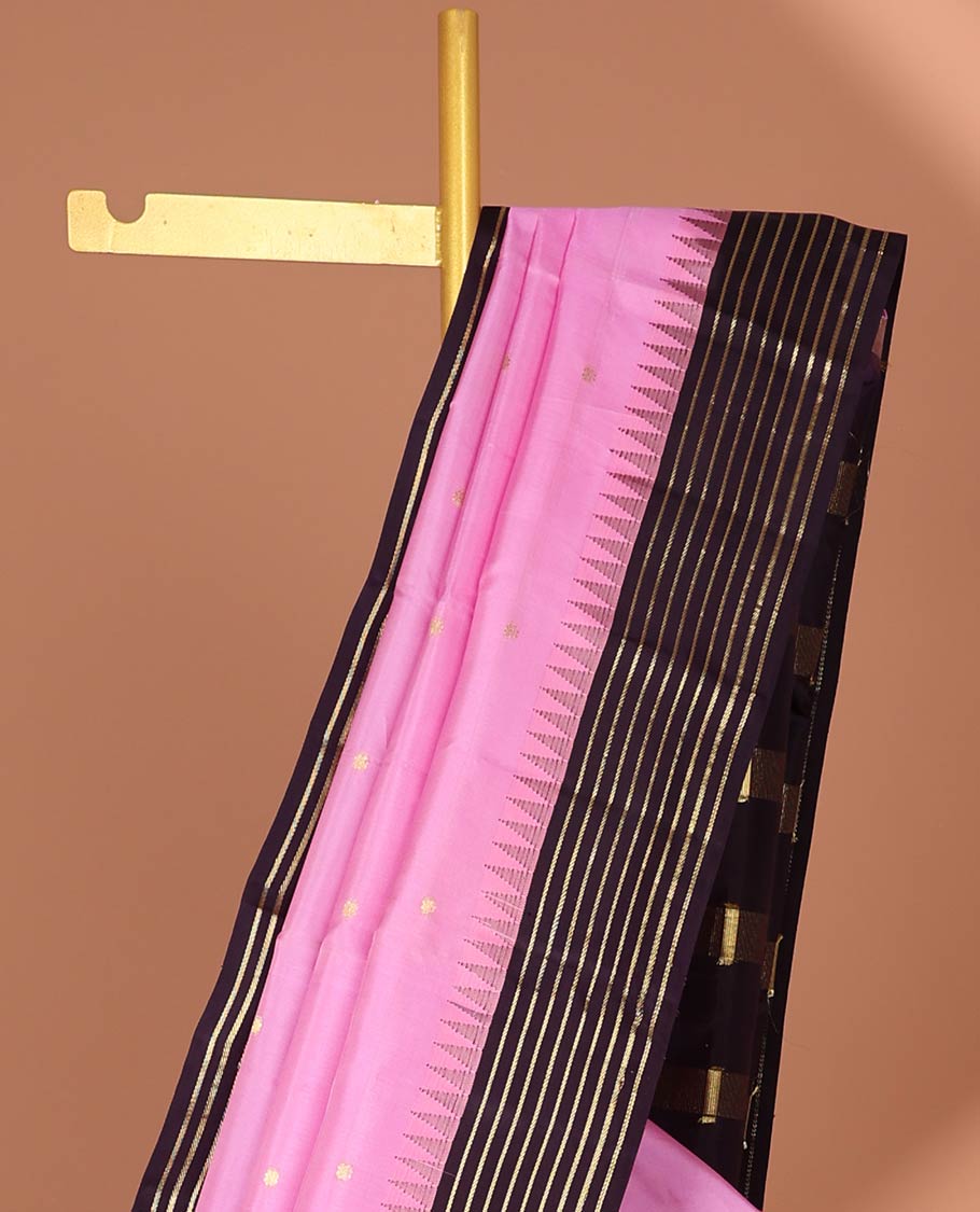 pink striped with buttas silk saree, striped zari design pallu & border of rekku, striped design