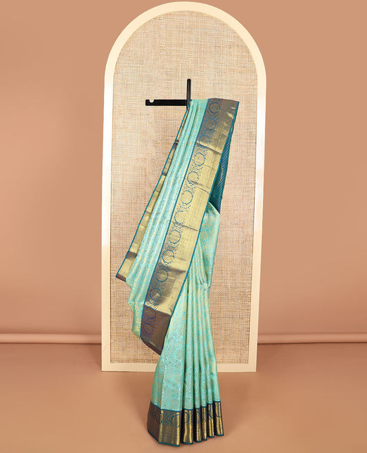 Sea blue floral jaal design kancheepuram silk saree with self border of muthu, kodi visiry design & zari design pallu