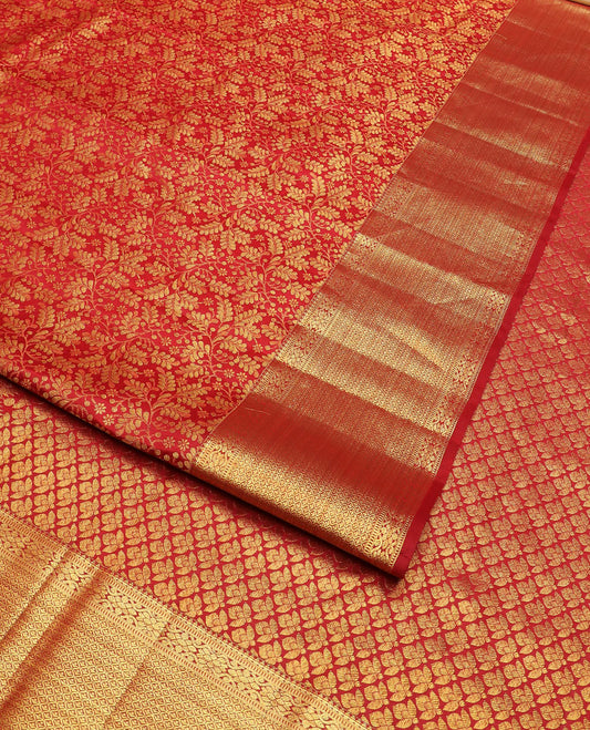 Red jacquard Kanchipuram wedding silk saree, zari border of thilakam, muthu, banaras, and then kuli kann designs