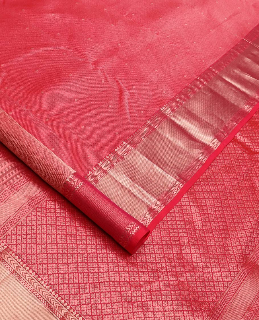 Red zari buttas Kanchipuram wedding silk saree, zari border of traditional designs, and zari rich jaal pallu
