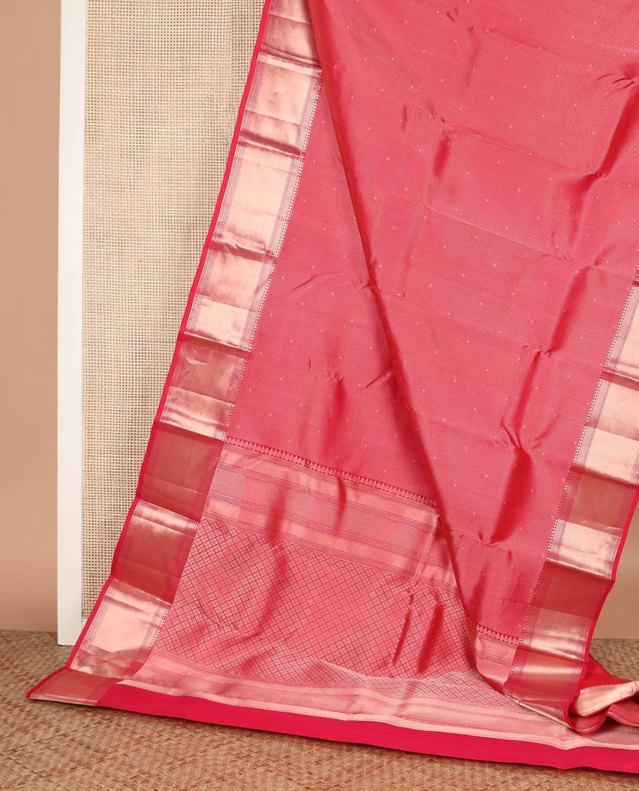 Red zari buttas Kanchipuram wedding silk saree, zari border of traditional designs, and zari rich jaal pallu
