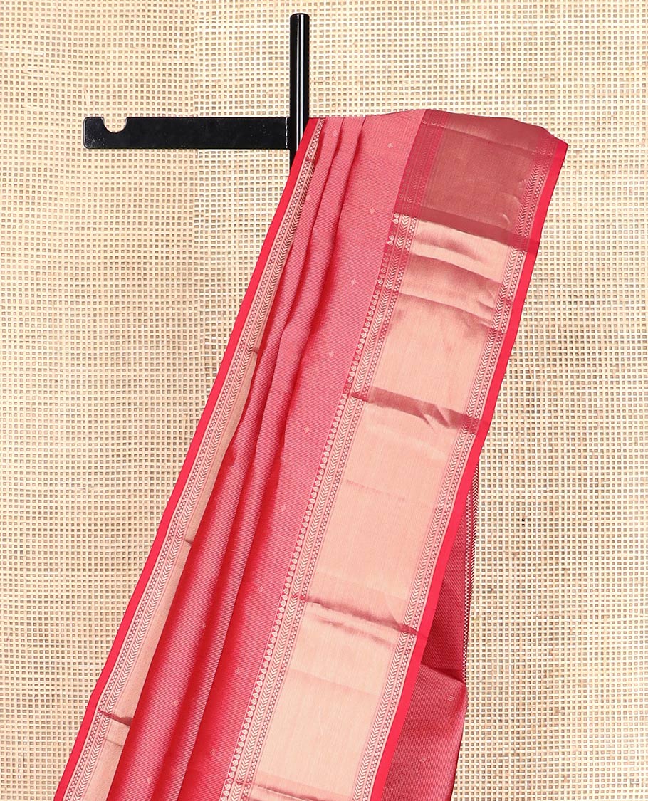 Red zari buttas Kanchipuram wedding silk saree, zari border of traditional designs, and zari rich jaal pallu