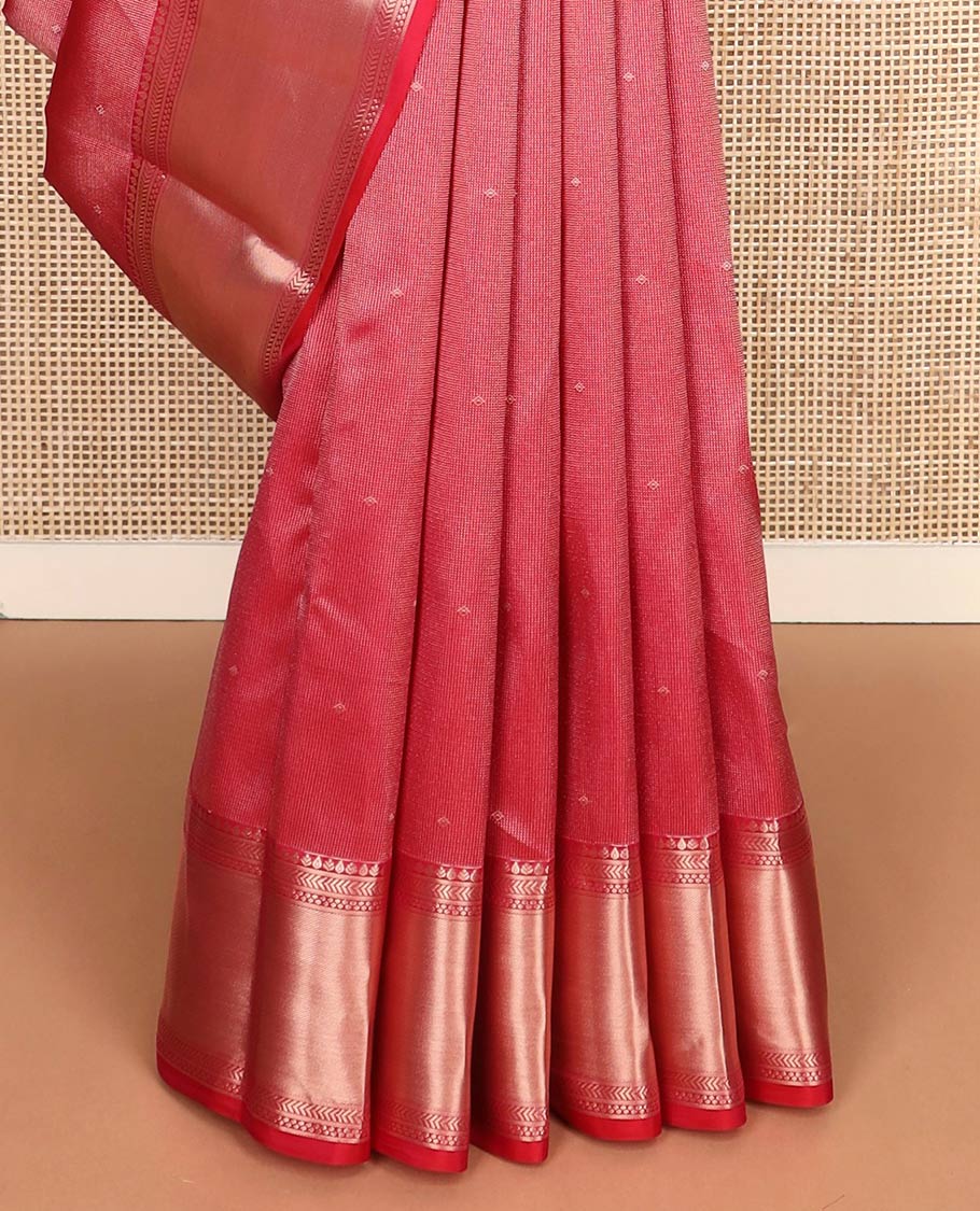 Red zari buttas Kanchipuram wedding silk saree, zari border of traditional designs, and zari rich jaal pallu