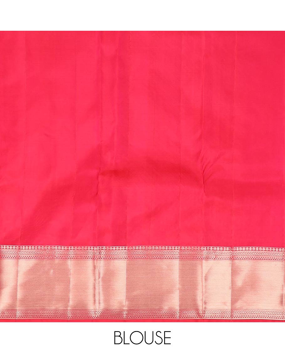 Red zari buttas Kanchipuram wedding silk saree, zari border of traditional designs, and zari rich jaal pallu