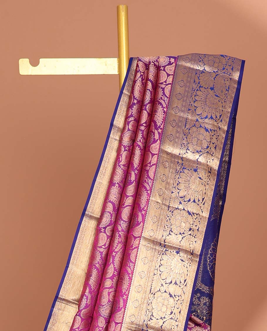 Purple paiselys kancheepuram silk saree with contrast zari design border & floral zari design pallu