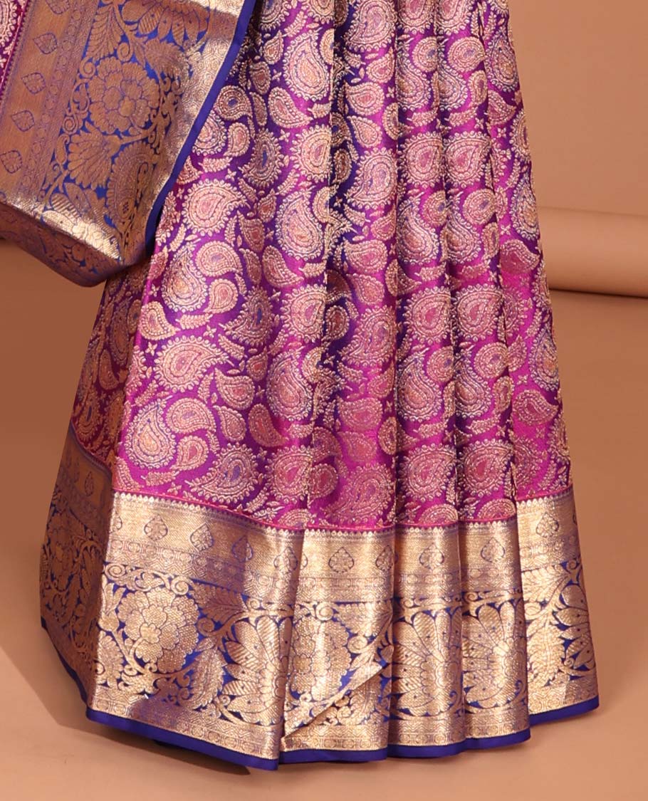 Purple paiselys kancheepuram silk saree with contrast zari design border & floral zari design pallu