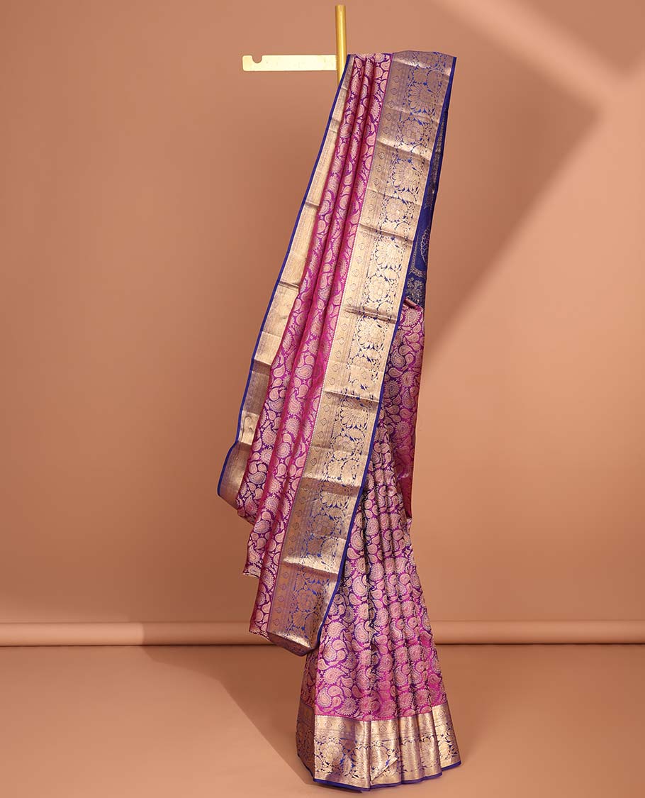 Purple paiselys kancheepuram silk saree with contrast zari design border & floral zari design pallu