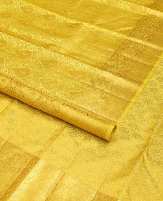 Yellow jacquard wedding silk saree, self-border of rekku,kodi visiry & mayil kann & jaal pallu