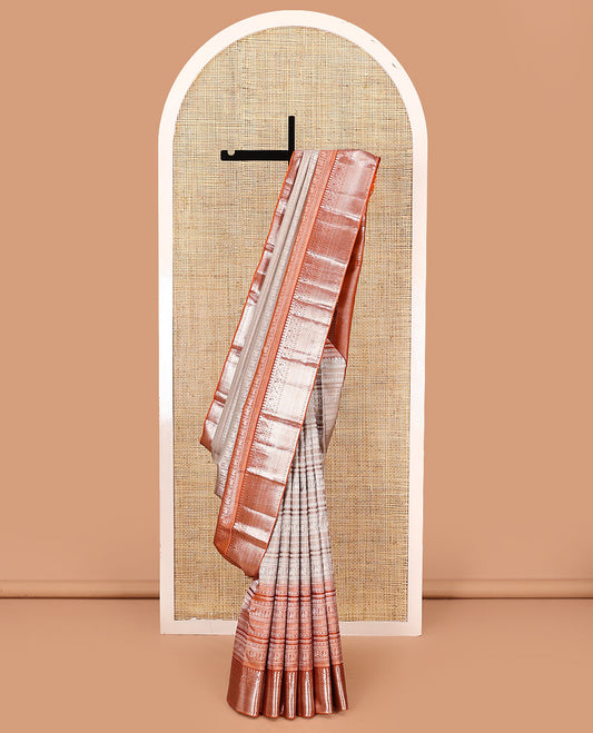 Cream jacquard kanchipuram silk saree, contrast traditional zari design steeped border, and pallu of vanki designs