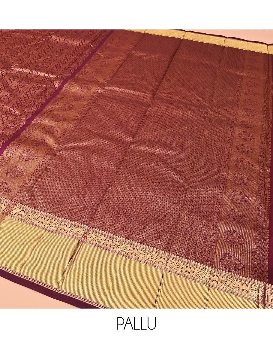 Purple Kanchipuram Wedding Silk Saree, Subtly Enriched with Jacquard Design On Its Body, Highlighted by Zari Border of Salngai, Rekku, and Diamond Designs, Jaal Pallu and Paired with a Matching Blouse
